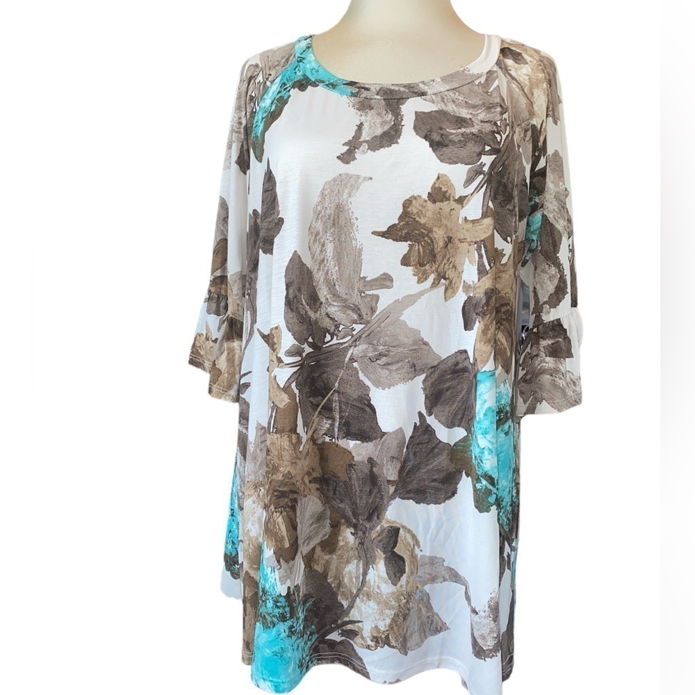Jules & James Boutique tunic blouse elbow length sleeves loose fit floral Sz L